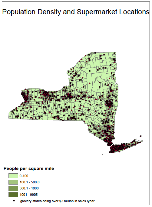 A map I created to show how population density relates to supermarket locations in New York state